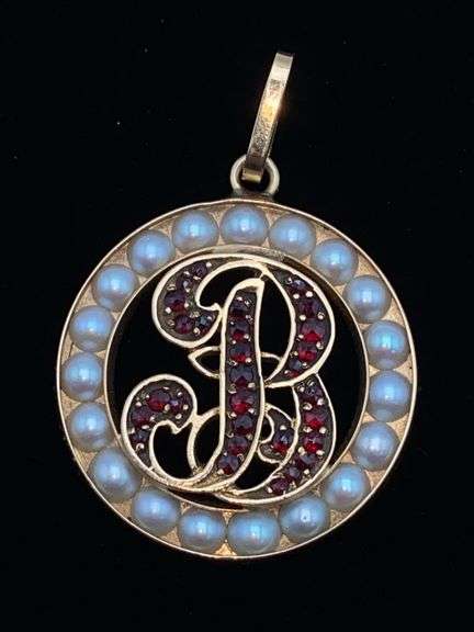 14K gold B monogram pendant w/ pearls and stones