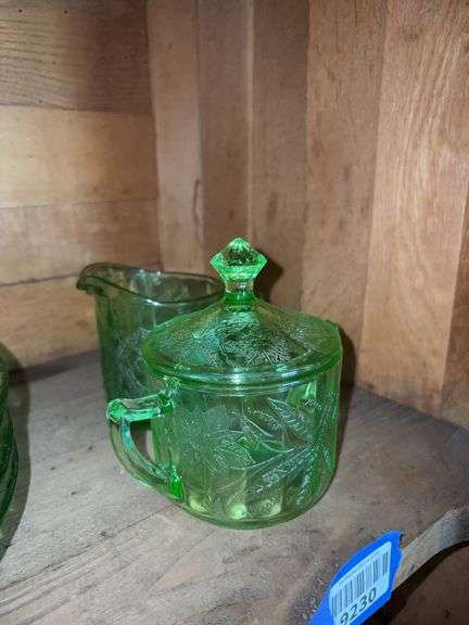 Uranium Poinsettia green depression glass covered sugar and creamer