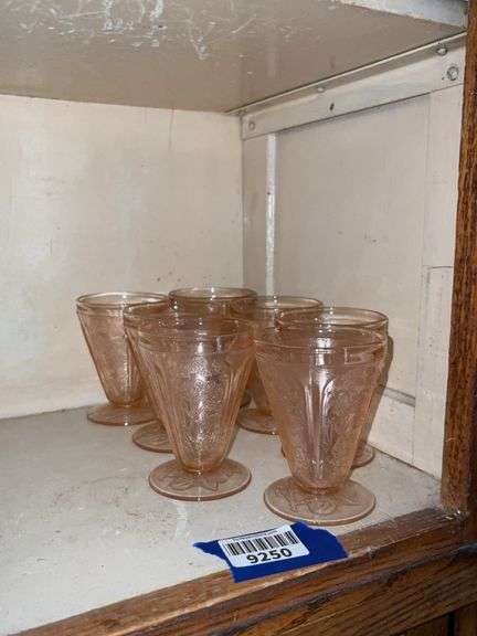 Seven Pink Cherry Blossom depression glass footed glasses