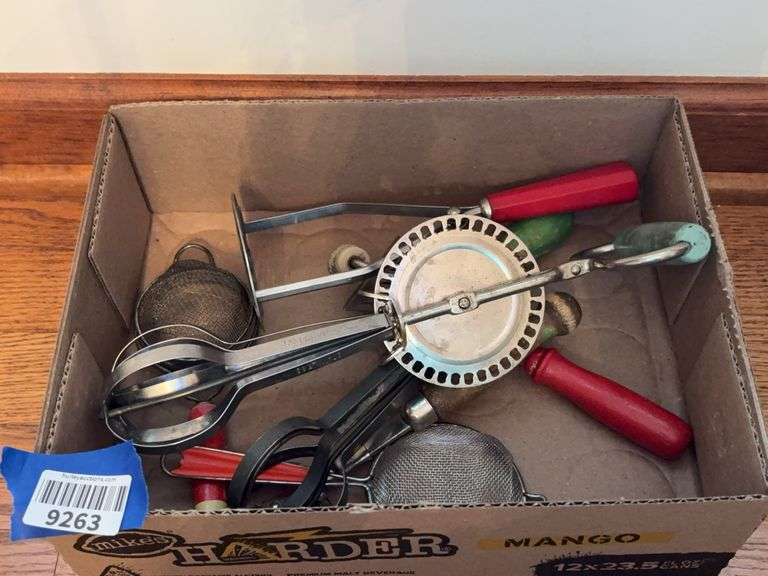 Vintage kitchen utensils w/ red and green handles