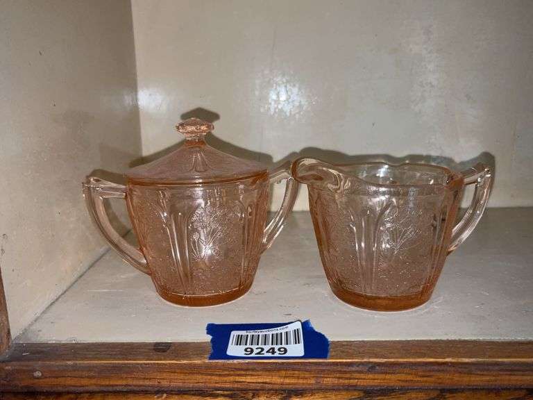 Pink Cherry Blossom depression glass covered sugar and creamer