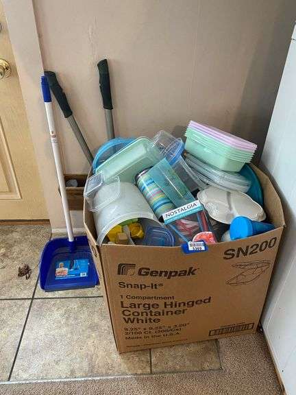 Box of plasticware, Mr. Clean standing dustpan
