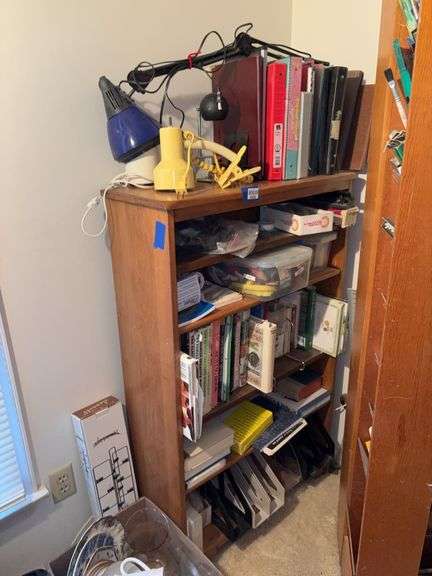 Bookshelf and contents: desk lights, sewing books and supplies, organizers, misc  30x11x48