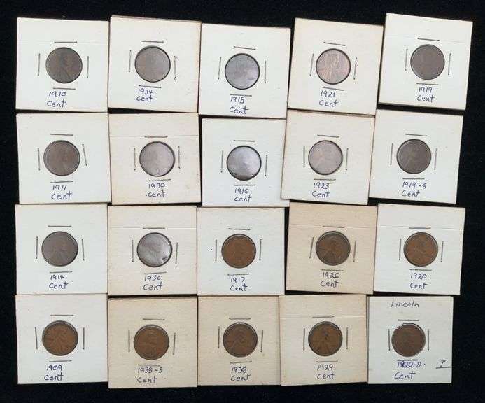 Lot of 20 US Lincoln Cents - 1909 - 1936