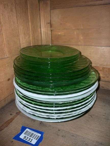Uranium Poinsettia green depression glass plates stack