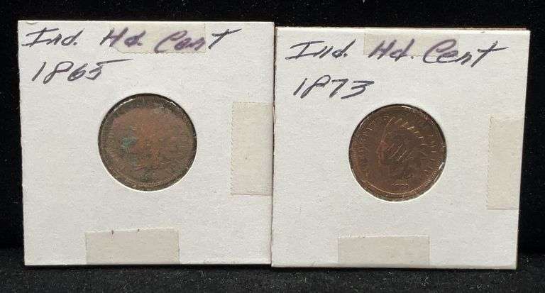 2 US Indian Cents - 1865 with environmental impacts - 1873 Cleaned and Counter Stamped