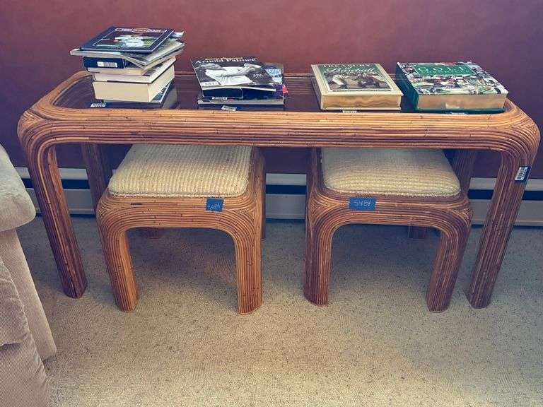 Coffee Table 54x20x26 & two matching stools, no contents