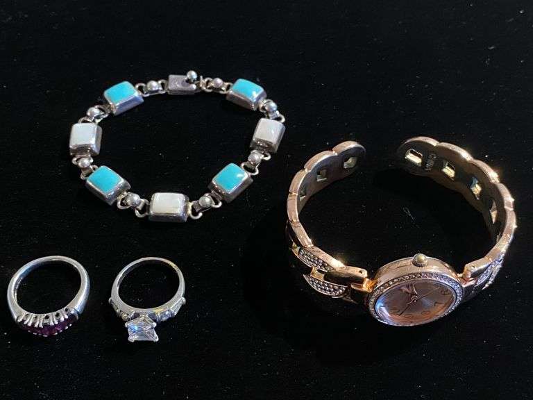 Mexican bracelet, two rings, and watch - some Sterling. rings size 7 and 8