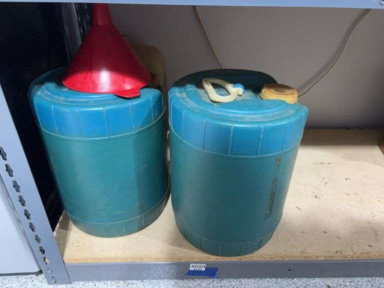 Plastic kerosene cans and funnel