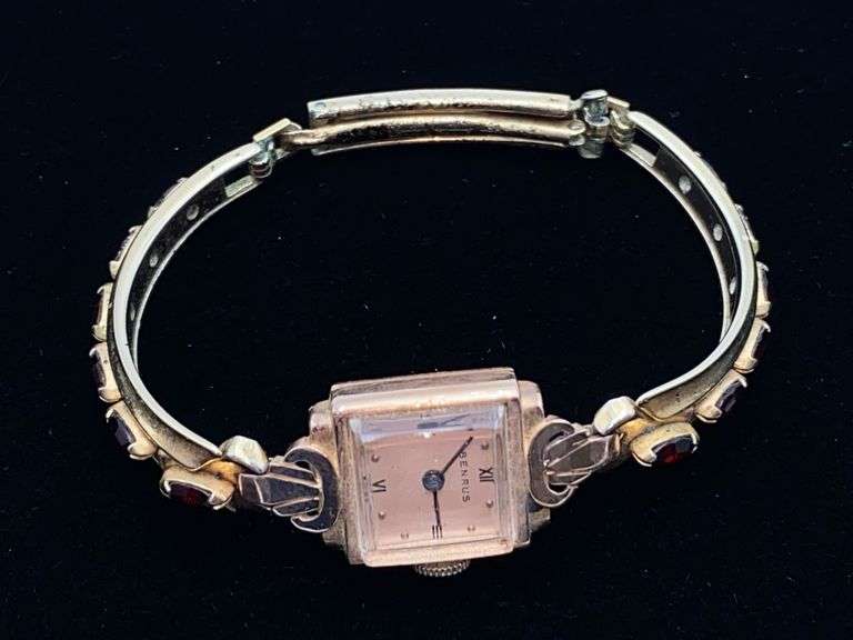 Benrus Ladies wrist watch in 14K gold case, on jeweled band