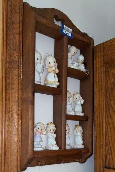 Wall what-not shelf w/ Precious Moments figurines - BRING NECESSARY TOOLS TO REMOVE SHELF FROM WALL