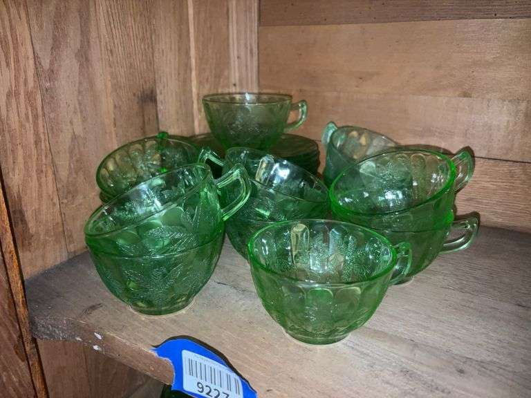 Uranium Poinsettia green depression glass cups & saucers