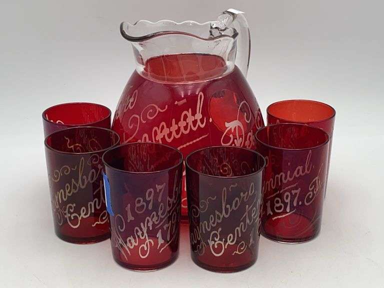 1797-1897 WAYNESBORO CENTENNIAL engraved ruby stained glass ball pitcher and set of six tumblers, CRACK IN HANDLE OF PITCHER