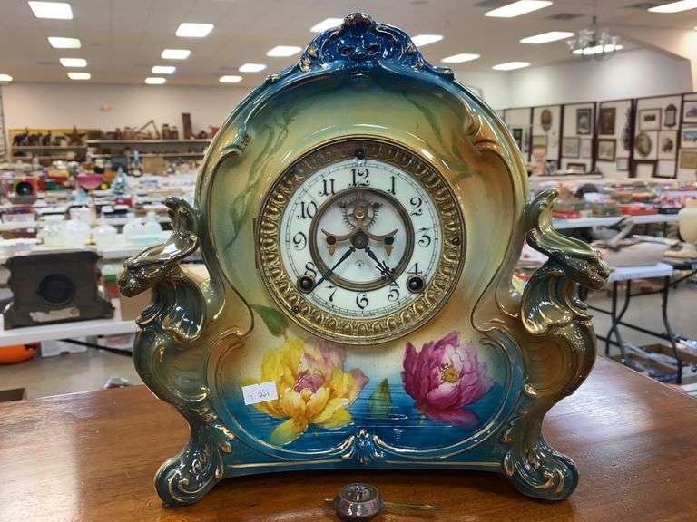 ANSONIA china case mantel clock in Royal Bonn case, visible escapement, uranium custard face 10.5x5.25x11.75