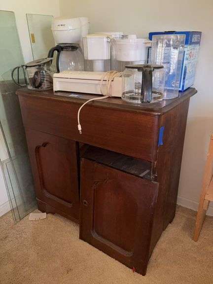 Cottage washstand and contents: coffee maker, coffeepots, filter pitchers, food sealer 30x19x30