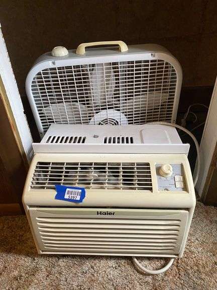 Haier 5200BTU window AC unit, and box fan