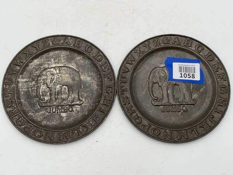 Pair of embossed tin JUMBO elephant ABC plates - by the pc take two