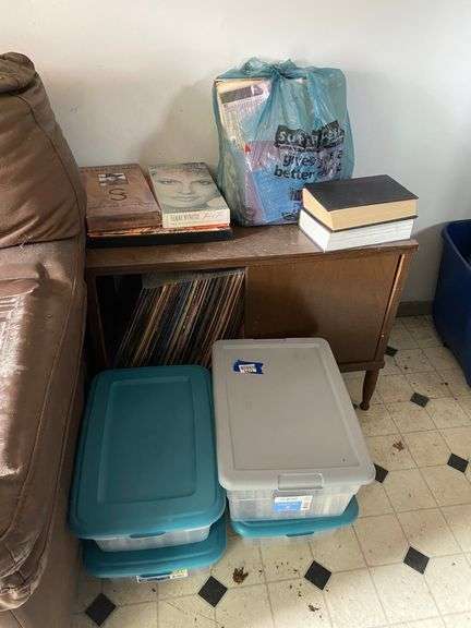 MCM record cabinet w/ vintage vinyl LP records, DVDs, totes of cassette tapes