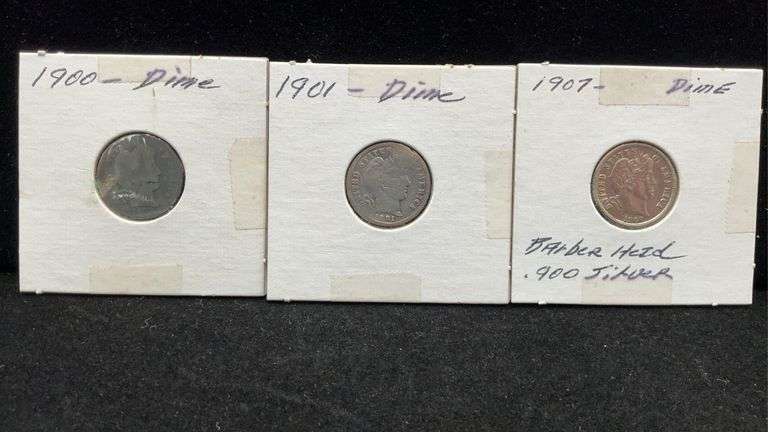 Three US Silver Barber Dimes - 1900 - 1901 - 1907