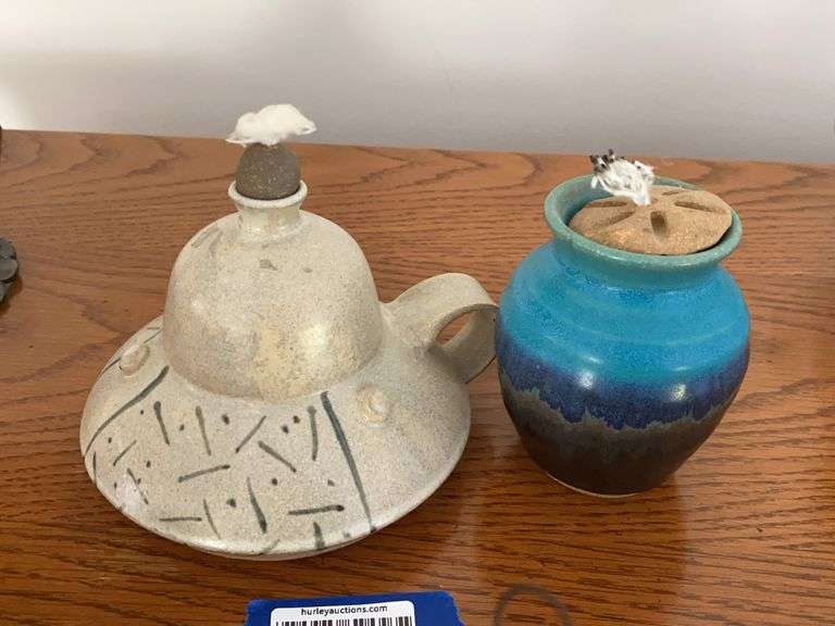 Two studio stoneware oil lamps