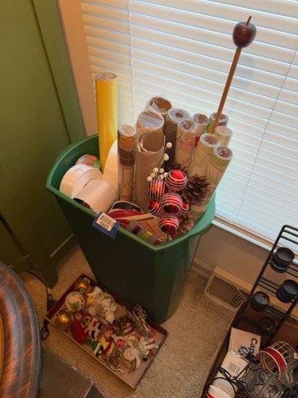 Christmas ornaments, gift wrap, ribbons