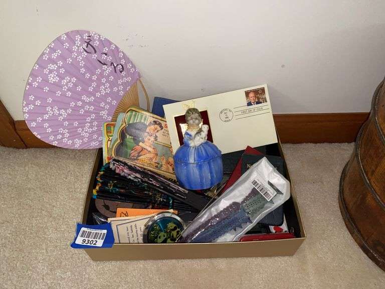 Figural dresser jar, fans, needle cases, first day cover, pocket knives, misc