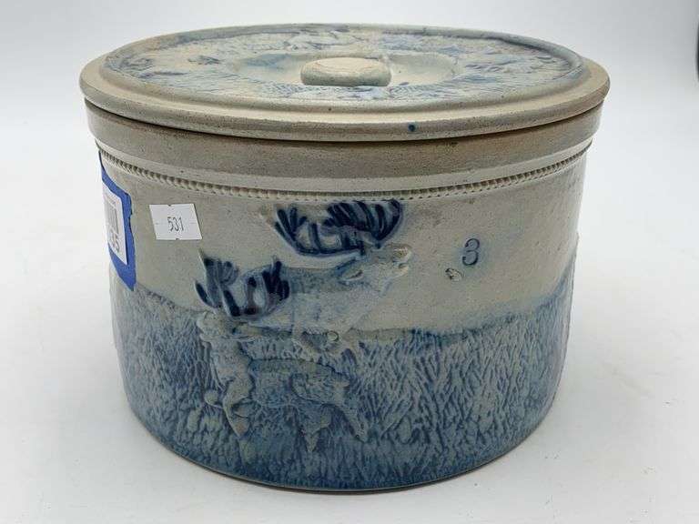 Blue shaded stoneware relief molded butter crock, w/ stag hunt scene