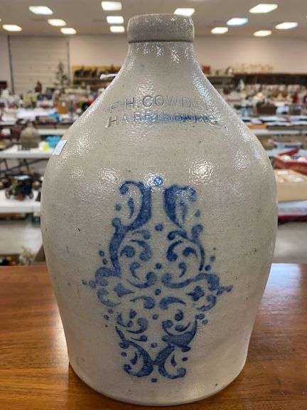F.H. COWDEN/ HARRISBURG ovoid stoneware jug w/ stenciled cobalt decor