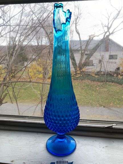 Blue hobnail footed swung glass vase