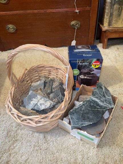 Mineral specimens, basket, table fountain in box
