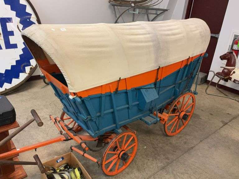 Small scale Conestoga wagon, marked Nelson Myers, 95” long without the tongue, 57” tall and 40” at the widest point