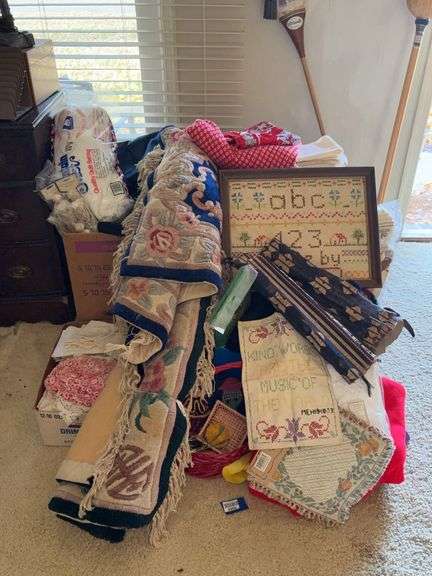 Chinese style rugs, doilies, needlework, linens, fabric, fiber fill