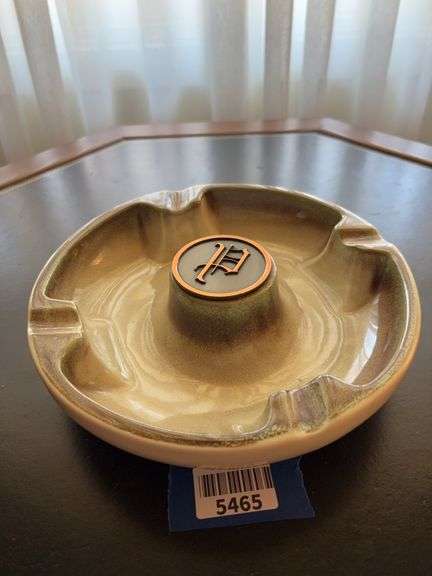 Vintage 1950’s Ashtray The Hyde Park No. 1900 Brown Cream Dip Glaze monogrammed “P”