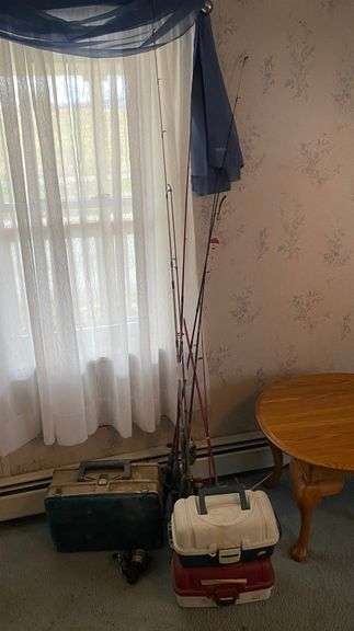 Fishing rods and reels lot, and three tackle boxes w/ contents