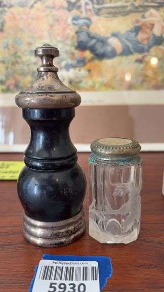 Pepper grinder with sterling parts and glass salt shaker w/ mother-of-pearl top insert