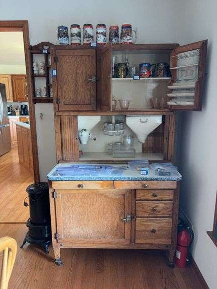 Oak kitchen cabinet w/ tambour door, built-in flour sifter, white enamel work surface - no contents 40x25x72 - MUST COME DURING LAST 2 HOURS OF PICKUP FOR THIS ITEM