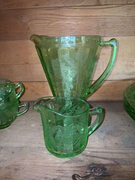 Uranium Poinsettia green depression glass pitcher and creamer