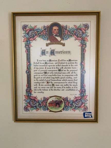 Framed 1850 print by Daniel Webster “An American” 21x27