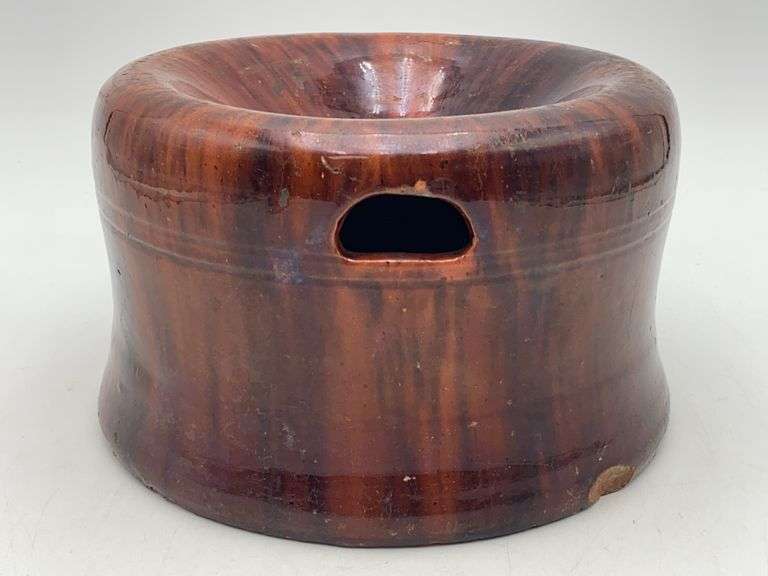 JOHN W. BELL/ WAYNESBORO PA redware spittoon w/ streaked glaze