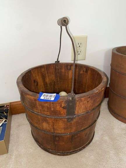 Staved wooden bucket w/ wire/wood bail handle, and egg contents