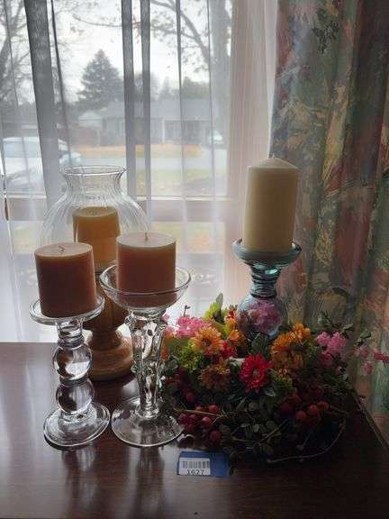 Candle pedestals, candles, faux flowers