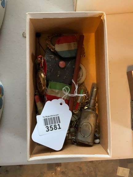 Antique badges, oil can, jewelry, misc