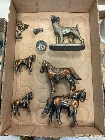 Metal horse figurines, cast-iron dog book end, and cast iron figures