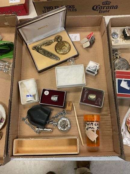 Box lot of thimbles, pocket knife, pocket watches
