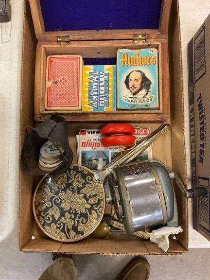 Flatware, pencil sharpener, vintage playing cards