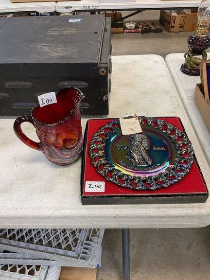Imperial slag glass pitcher, LE Smith carnival glass plate