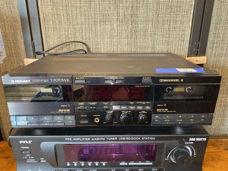 Stereo components: Pioneer double cassette, Pyle AM/FM tuner, LP disc ...