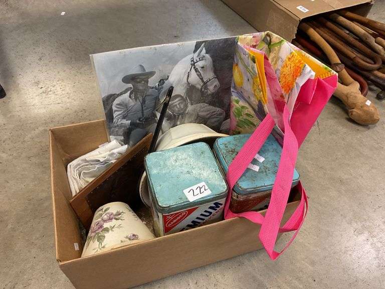 Miscellaneous lot to include tins decor, fan, lone ranger print