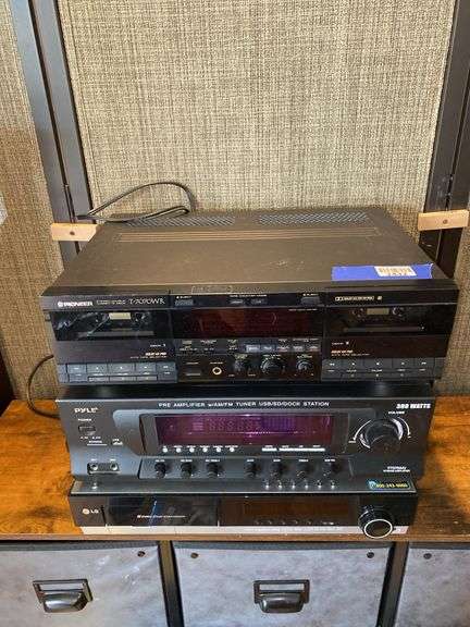 Stereo components: Pioneer double cassette, Pyle AM/FM tuner, LP disc ...