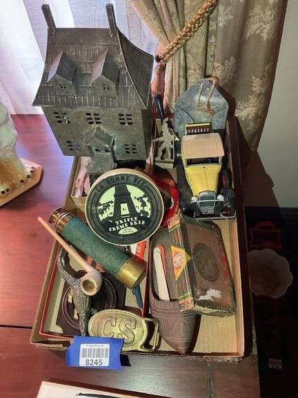 Collectibles discovery lot including: tin house model, CS belt buckle ...